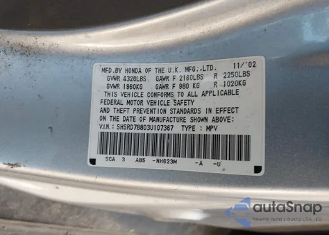 2003 Honda Cr-V Ex z USA, uszkodzony, nr VIN SHSRD78803U107367